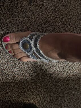 Say What? Beaded Denim-Style Slide Sandal with Brass Accents